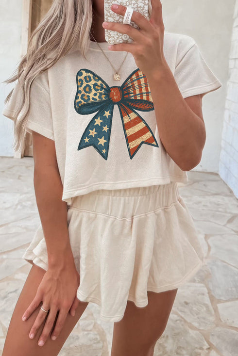 Patriotic Leopard Star Striped Bow Graphic Tee and Skort Lounge Set